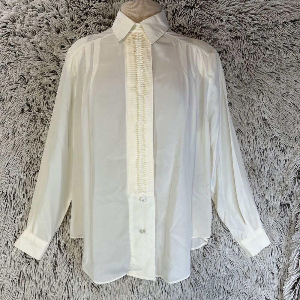 Koret Vintage Pleated Ivory Ruffled Tuxedo Blouse Collared Button Up Satin Sz 12